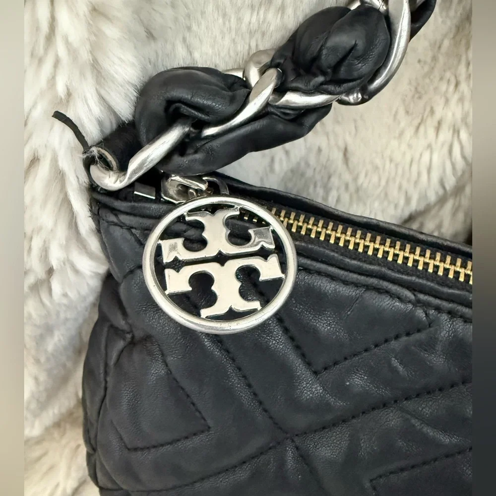 Tory Burch Black Quilted Calfskin Leather Bag with Silver Hardware